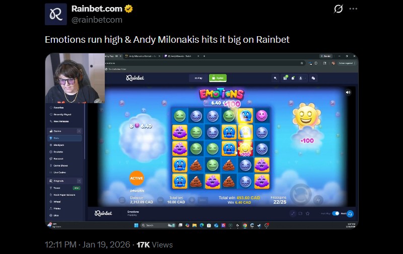 Twitter Andy Milonakis 10K Rainbet Win